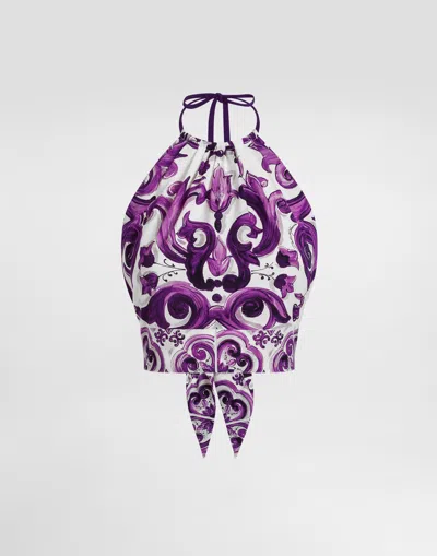 Dolce & Gabbana Stretch Silk Halter Neck Graphic Print Top In Multi