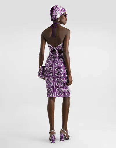 Dolce & Gabbana Stretch Silk Halter Neck Graphic Print Top In Multi