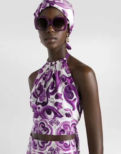 Dolce & Gabbana Stretch Silk Halter Neck Graphic Print Top In Multi