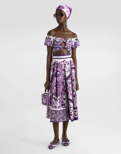 Dolce & Gabbana Majolica Off Shoulder Cropped Top Knot Detail In Purple