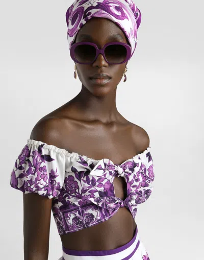 Dolce & Gabbana Majolica Off Shoulder Cropped Top Knot Detail In Purple