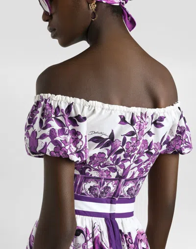 Dolce & Gabbana Majolica Off Shoulder Cropped Top Knot Detail In Purple