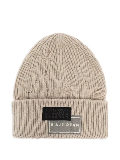Mm6 Maison Margiela Ribbed Knit Beanie With Folded Cuff And Decorative Patches In Neutral