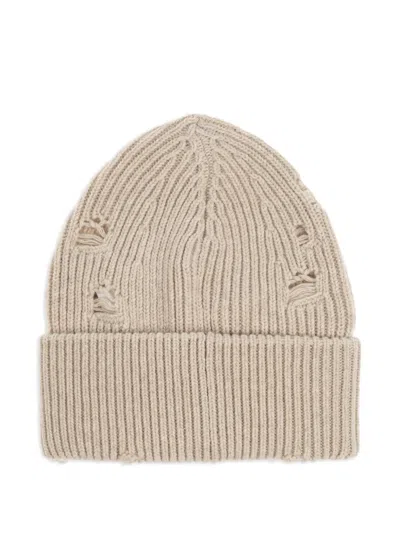 Mm6 Maison Margiela Ribbed Knit Beanie With Folded Cuff And Decorative Patches In Neutral