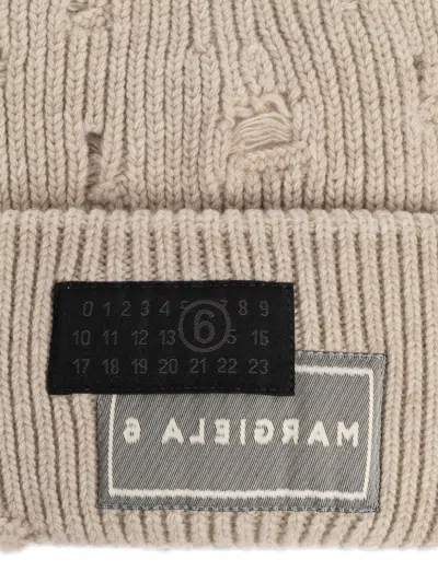 Mm6 Maison Margiela Ribbed Knit Beanie With Folded Cuff And Decorative Patches In Neutral