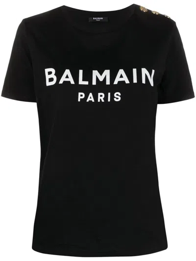 Balmain Black Crewneck T-shirt With Logo Print And Golden Buttons In Jersey Woman