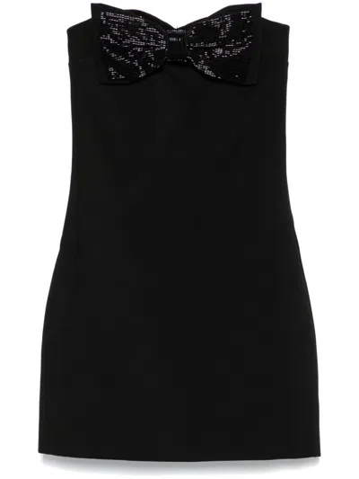 Self-portrait Black Sleeveless Mini Dress With Bandeau And Beaded Oversize Bow In Tech Fabric Woman