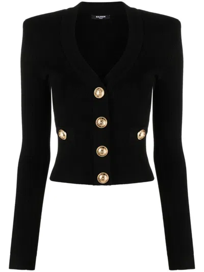 Balmain Black Ribbed Cardigan With Shoulder Pads And Logoed Metal Buttons