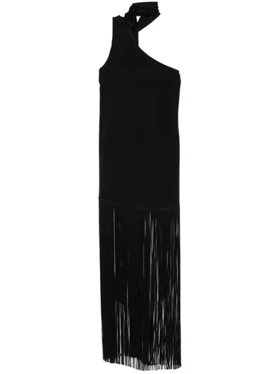 Taller Marmo 'atlanta' Black Long Dress With Asymmetric Neck And Fringed Detail In Viscose Blend Stretch Woman