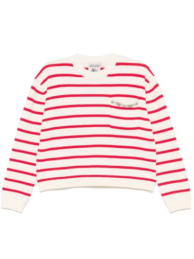 Semicouture Rita White Cotton Sweater With Red Stripes And Inserts
