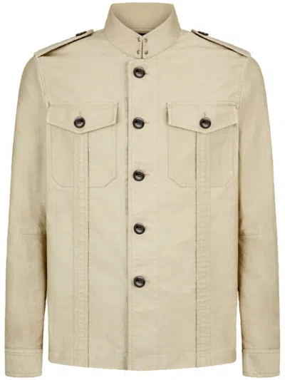 Tom Ford Brushed Cotton Satin Stand Collar Outershirt In Neutral