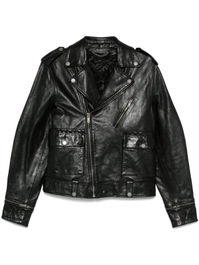 Golden Goose Black Biker Jacket With Notched Revers And Leopard Lining