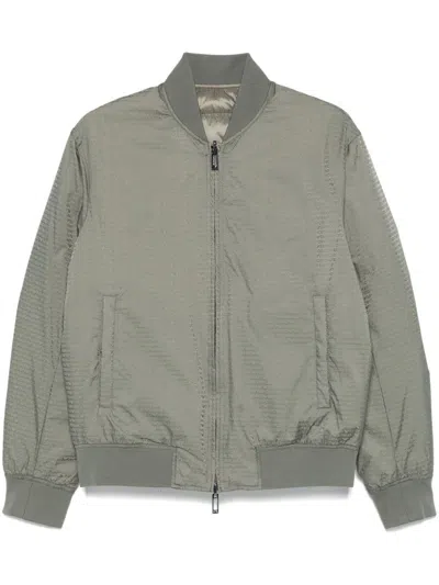 Emporio Armani Reversible Down Jacket With A Bomber Jacket Collar In Jacquard Nylon With All-over Lettering