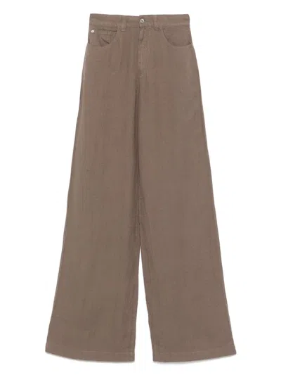 Emporio Armani Linen Trousers With Wide Legs And Pockets In Brown