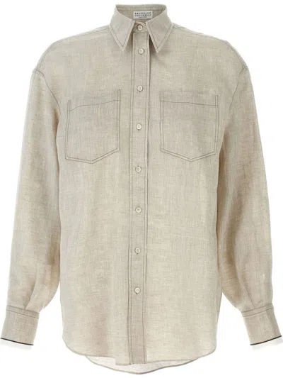 Brunello Cucinelli Beige Shirt With Chest Pockets And Monile Decorations In Linen Woman In Neutral