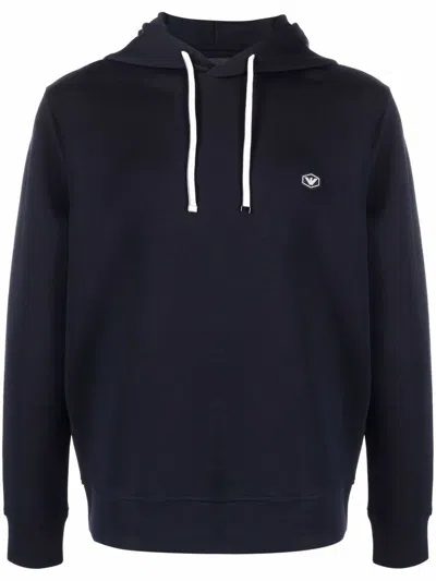 Emporio Armani Ribbed Navy Cotton Hoodie With Drawstring
