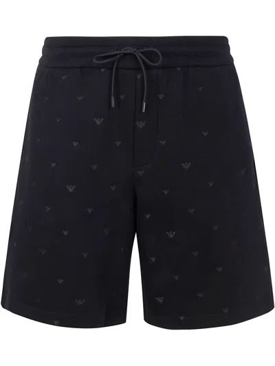 Emporio Armani Allover Logo Cotton Shorts In Black