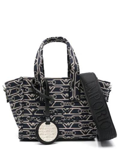 Emporio Armani Small Shopper Bag In Jacquard Canvas With All-over Monogram In Blue