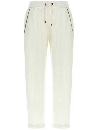 Brunello Cucinelli White Pants With Elastic Drawstring Waist And Monile Detail On The Pockets In Cotton Woman