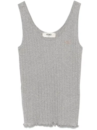 Fendi Women Ribbed Cotton Tank Top In Gray