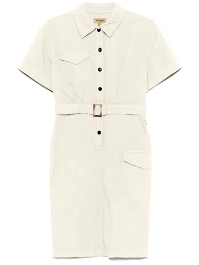 Woolrich Cotton Dress With Buttons And Buckle Belt In Neutral