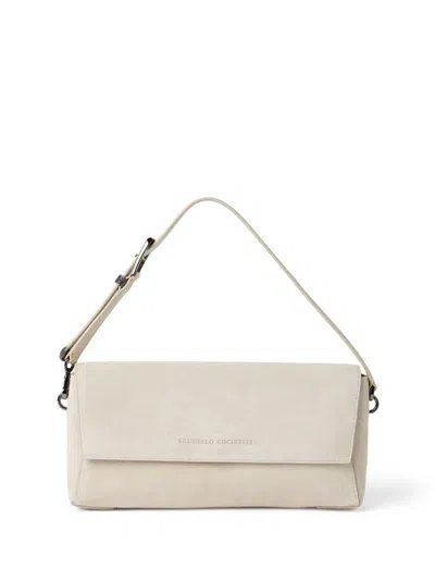 Brunello Cucinelli Adjustable Strap Suede Finish Shoulder Bag In Neutral
