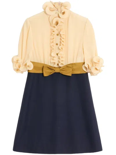 Valentino Womens Provence Blue Betulla Frilled Contrast-texture Silk Mini Dress