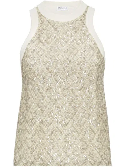 Brunello Cucinelli Stretch Cotton Jersey Top With Dazzling Net Embroidery In Gray