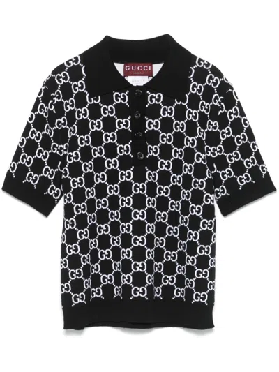 Gucci Black Polo Shirt With Ribbed Trims In Gg Canvas Woman