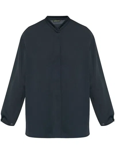 Emporio Armani Band Collar Textured Shirt With Button Detail In Blue