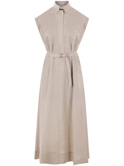 Brunello Cucinelli Linen Chemisier Short Sleeves Long Dress In Beige