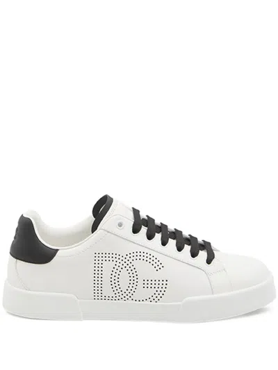 Dolce & Gabbana White And Black Leather Sneakers In White