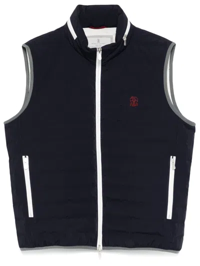 Brunello Cucinelli Gilet In Navy Blue With Front Two-way Zip Fastening