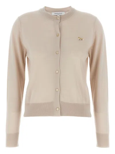 Maison Kitsuné Beige Cropped Cardigan With Round Neck And Logo Embroidery On The Front In Wool Woman