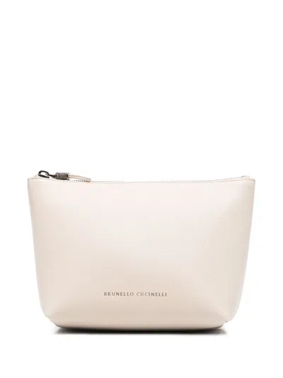 Brunello Cucinelli Leather Grained Pouch In White