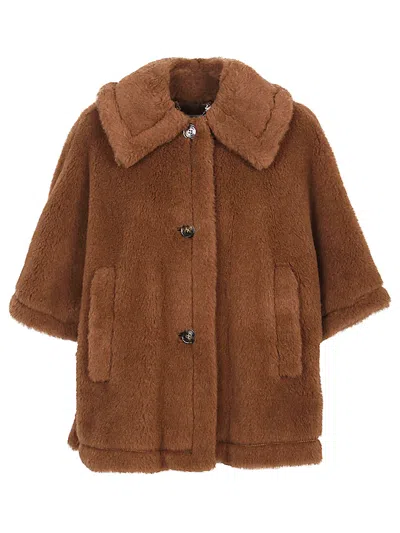 Max Mara Wool Buttoned Cape With Faux Fur Texture