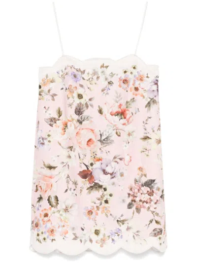 Zimmermann Mini Floral Linen Dress In Pink With Scallop Neckline And Sleeveless