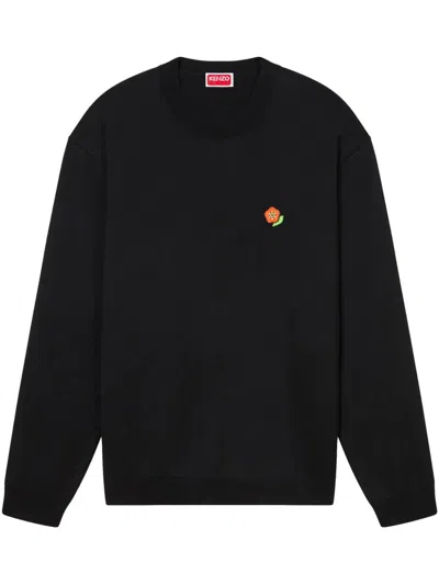 Kenzo Black Sweatshirt In Light Fllece With Broke Flower Embroidery To The Chest  Man