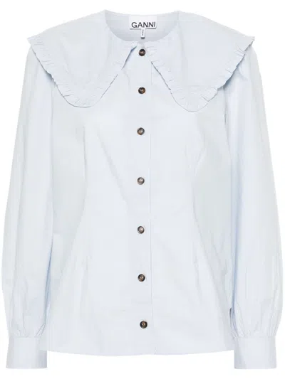 Ganni Organic Cotton Poplin Ruffle Peter Pan Collar Button-up Shirt