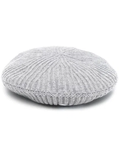 Ganni Wool Blend Ribbed Knitted Hat In Gray