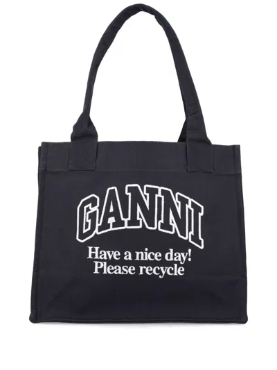 Ganni Black Shopper With Embroidered Logo On The Front In Denim Woman