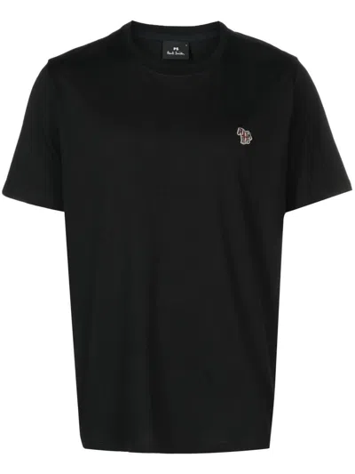 Ps By Paul Smith Mens Black Zebra-embroidered Crewneck Cotton T-shirt