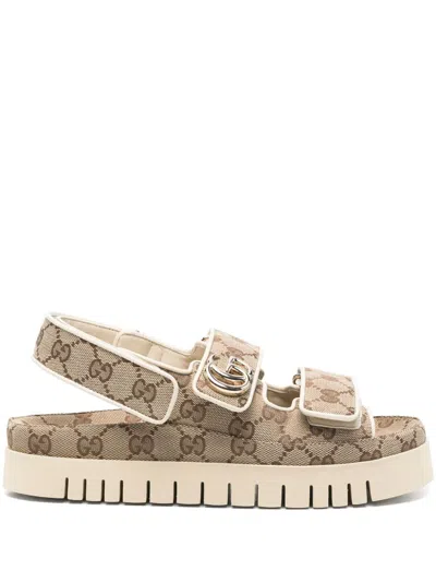Gucci Beige Gg Fabric Sandals With Double G Women