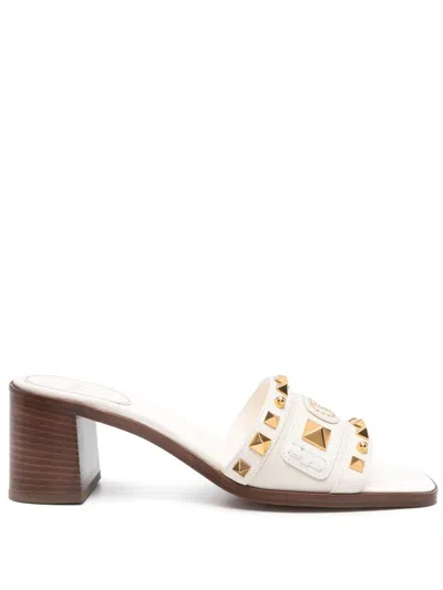 Valentino Ivory Leather Slippers With Golden Studs And Low Heel
