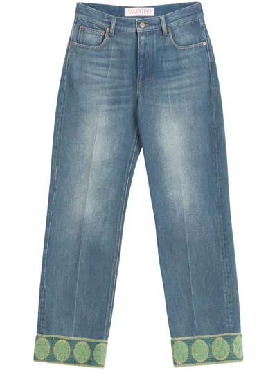 Valentino Medium Blue Jeans With Green Embroidery, Straight Leg, High Waist
