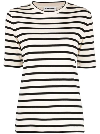 Jil Sander Black And White Knitted Striped T-shirt In Cotton Woman