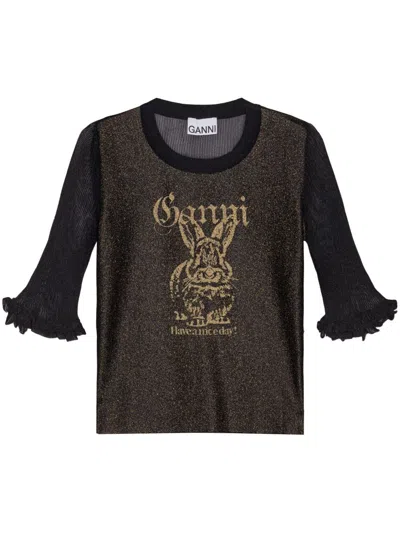Ganni Transparent Jacquard Top With Playful Graphic In Black