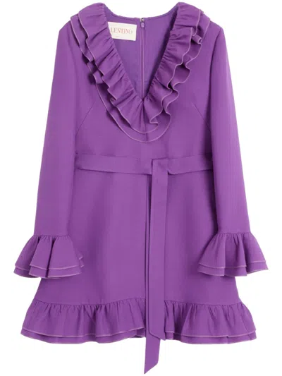 Valentino Garavani Purple Short Dress With V-neck And Ruffles In Virgin Wool And Silk Blend Woman