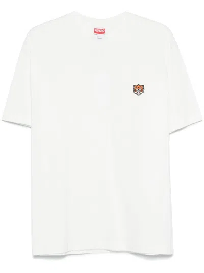 Kenzo White Crewneck T-shirt With Logo Patch On The Front In Cotton Man