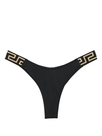Versace Black Bikini Bottoms With Greca Motif Detail And High Cut In Tech Fabric Stretch Woman In Black
